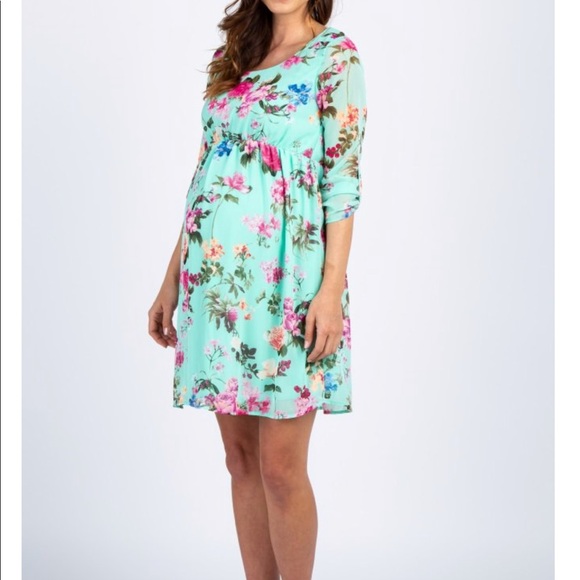 Mint floral chiffon maternity dress - Picture 1 of 6